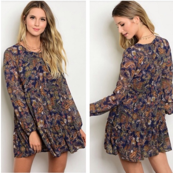 Dresses & Skirts - NWOT Navy & Chocolate Brown Paisley Babydoll Dress